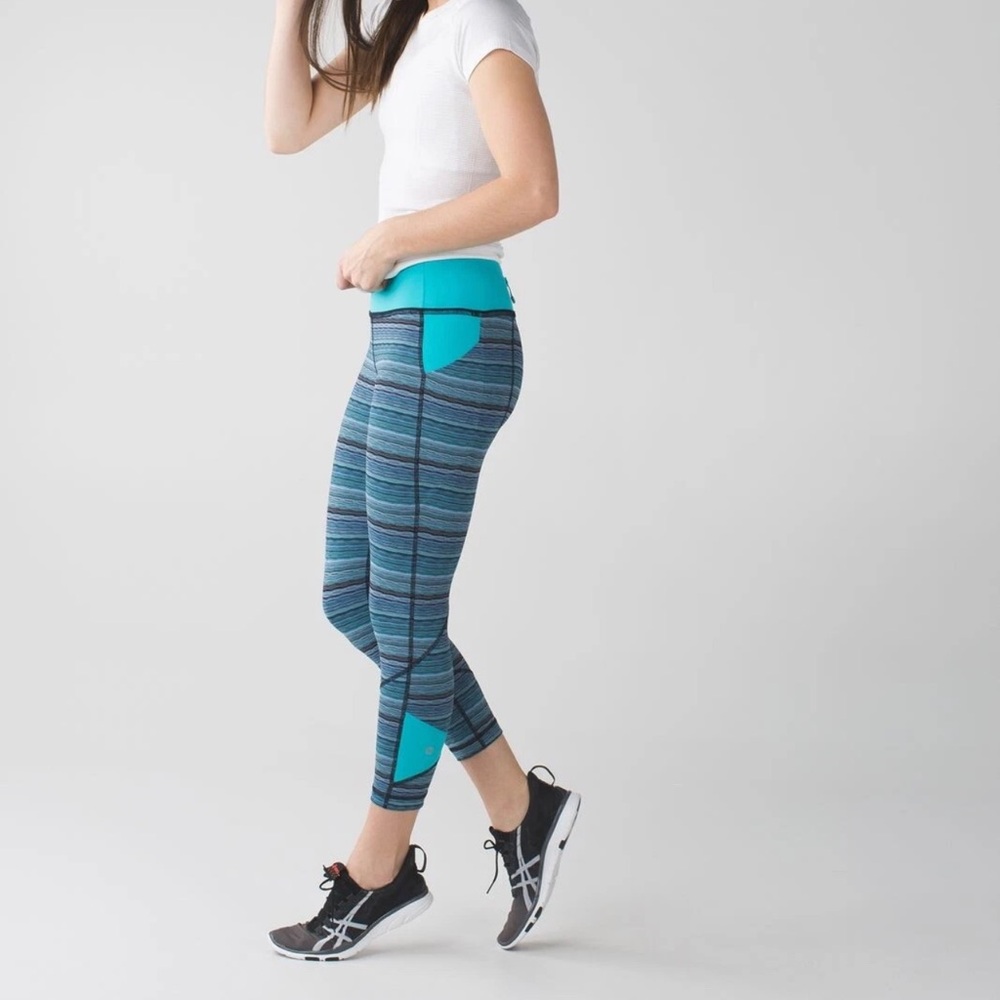 Lululemon Pace Rival Crop Leggings Womens Peacock Blue Zip Pocket Mid Rise 4